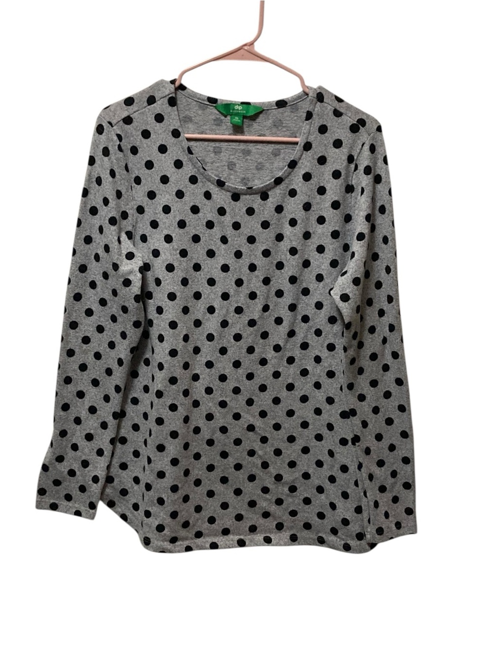 dip Gray Long Sleeve Scoop Neck Top with Black Polka Dots